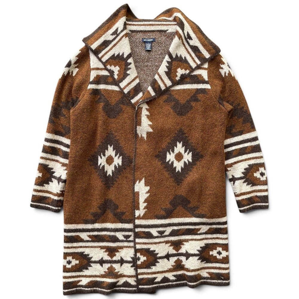 Boho Southwestern Tribal Print Long Open Front Cardigan Sweater Max Studio Large